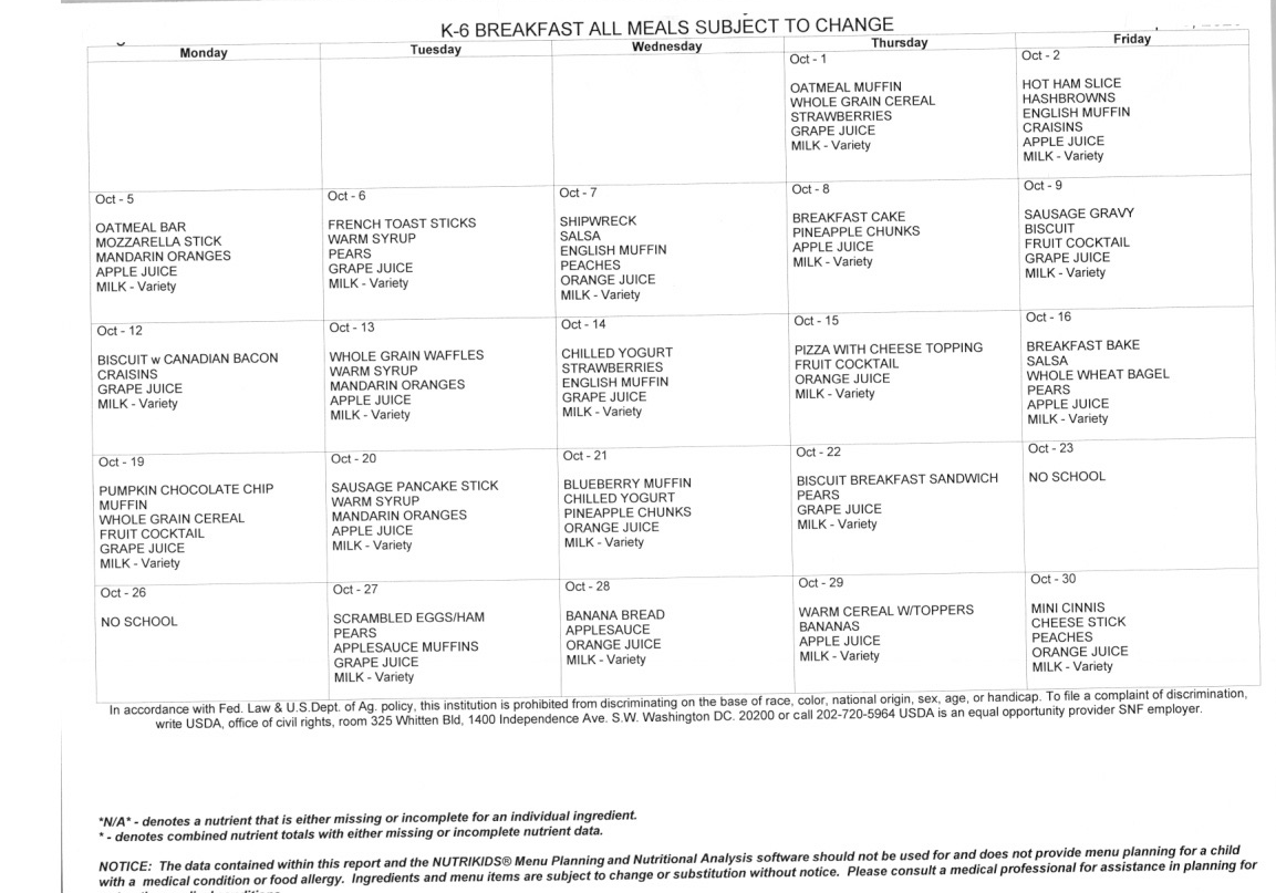 October Breakfast & Lunch Menu – NORTON COMMUNITY SCHOOLS