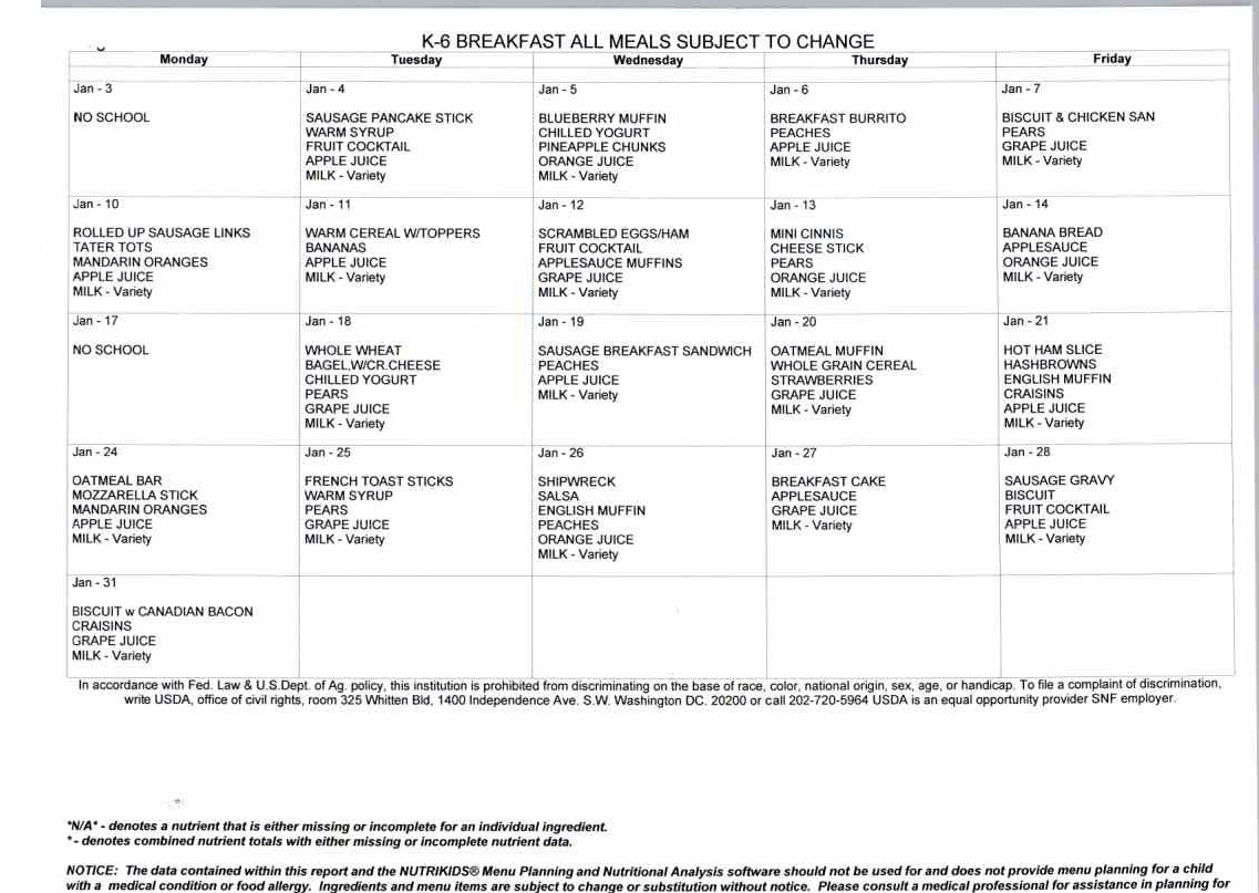 January Breakfast & Lunch Menu – NORTON COMMUNITY SCHOOLS